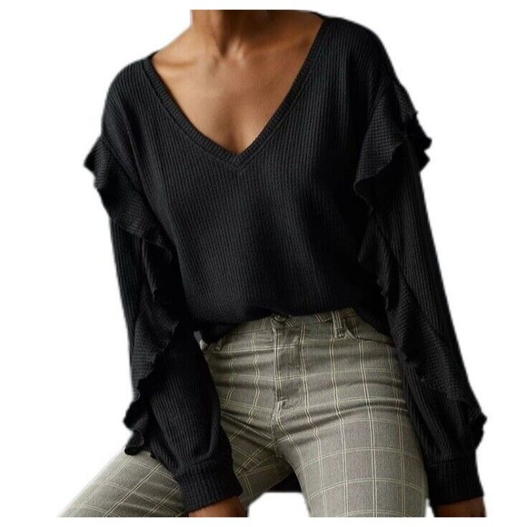 Pilcro Womens  Sweater Large‎ Black Ruffle Arms Waffle Knit Bohemian V Neck Boho - Picture 1 of 10